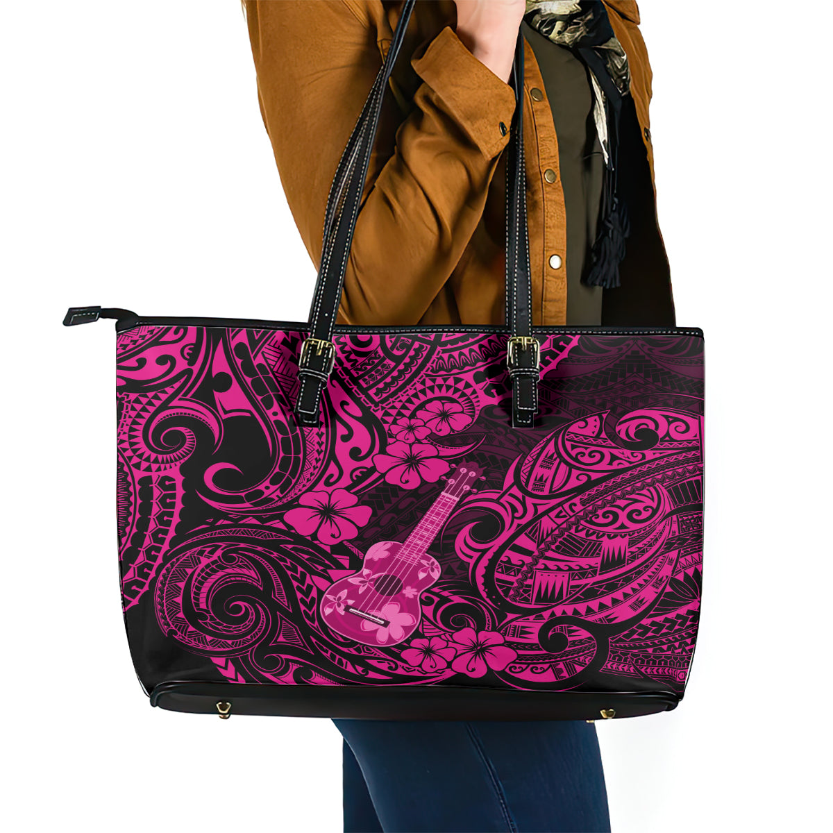 Hawaii Ukulele Leather Tote Bag Polynesian Pattern Pink Version - Wonder Print Shop