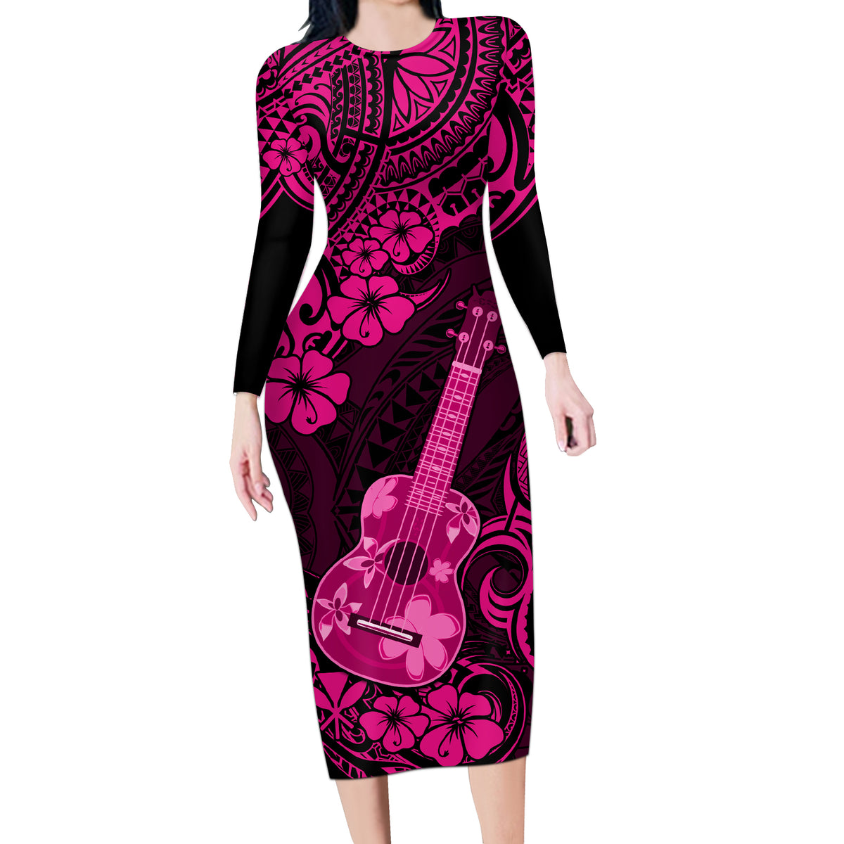 Hawaii Ukulele Long Sleeve Bodycon Dress Polynesian Pattern Pink Version - Wonder Print Shop