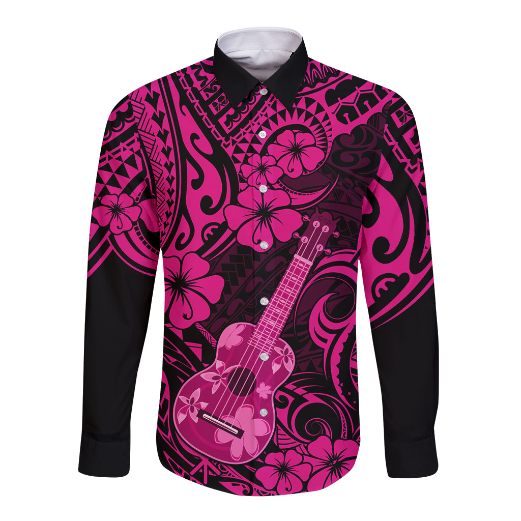 Hawaii Ukulele Long Sleeve Button Shirt Polynesian Pattern Pink Version - Wonder Print Shop
