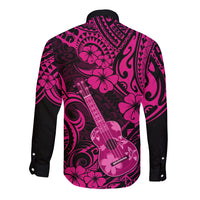 Hawaii Ukulele Long Sleeve Button Shirt Polynesian Pattern Pink Version - Wonder Print Shop