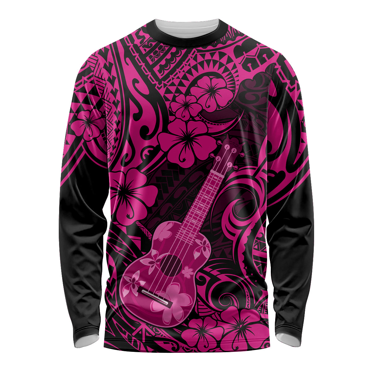 Hawaii Ukulele Long Sleeve Shirt Polynesian Pattern Pink Version - Wonder Print Shop