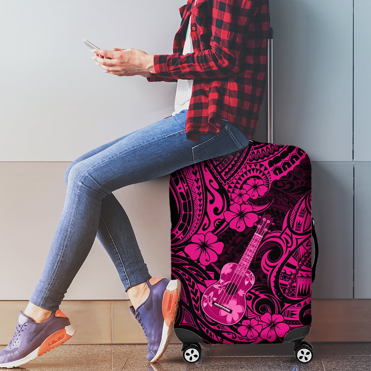 Hawaii Ukulele Luggage Cover Polynesian Pattern Pink Version - Wonder Print Shop