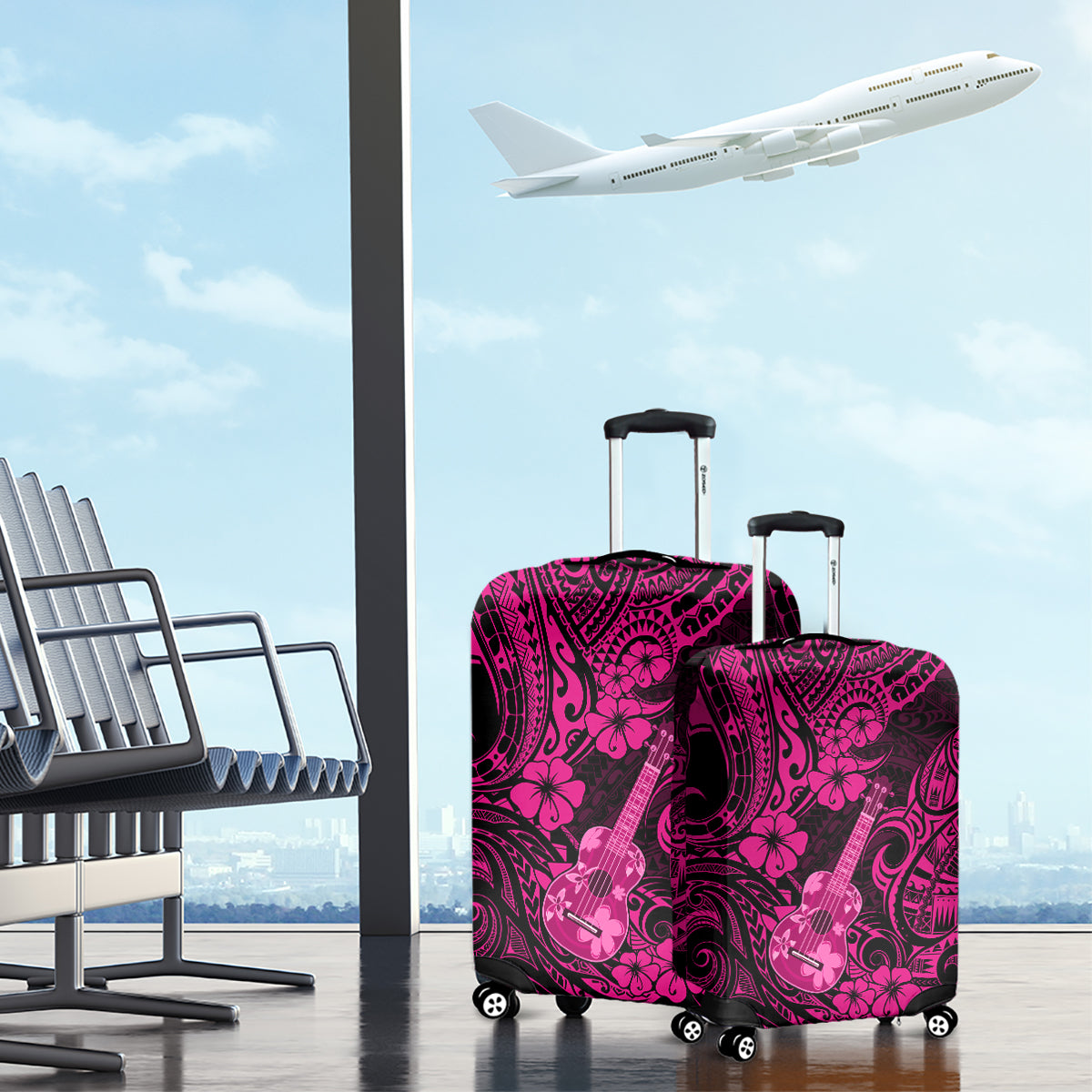 Hawaii Ukulele Luggage Cover Polynesian Pattern Pink Version - Wonder Print Shop