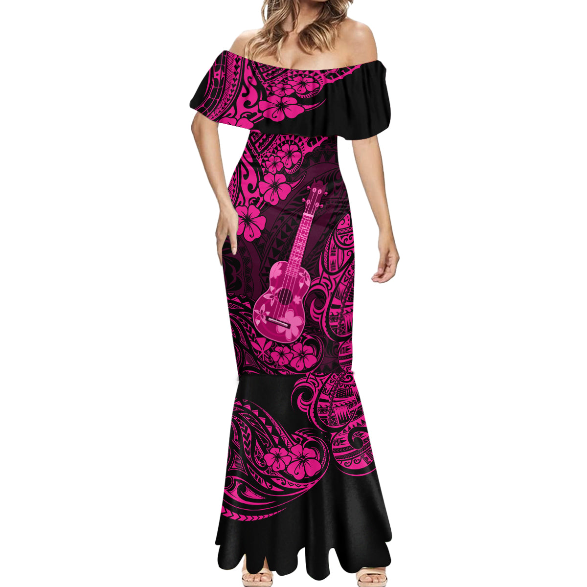 Hawaii Ukulele Mermaid Dress Polynesian Pattern Pink Version - Wonder Print Shop