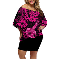 Hawaii Ukulele Off Shoulder Short Dress Polynesian Pattern Pink Version - Wonder Print Shop