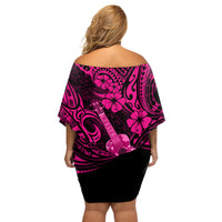 Hawaii Ukulele Off Shoulder Short Dress Polynesian Pattern Pink Version - Wonder Print Shop