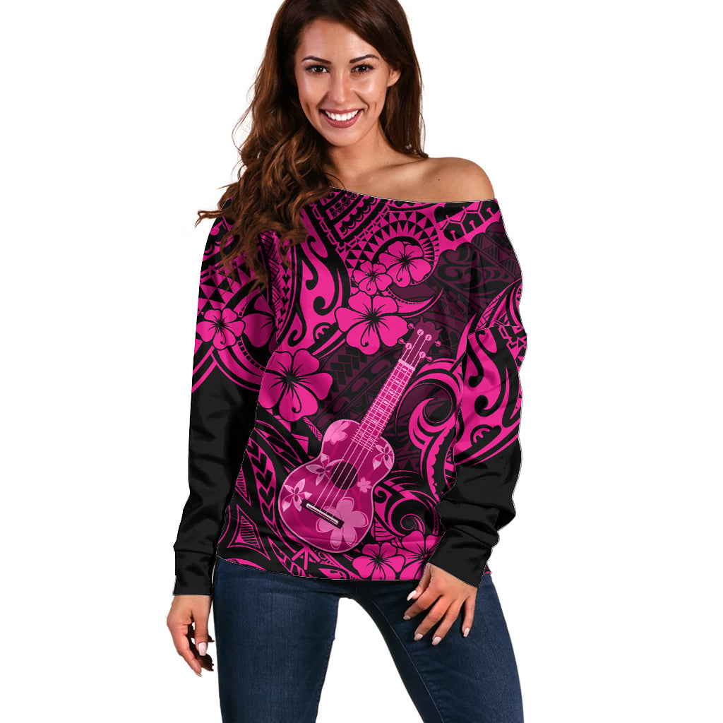 Hawaii Ukulele Off Shoulder Sweater Polynesian Pattern Pink Version - Wonder Print Shop