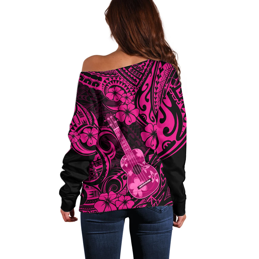Hawaii Ukulele Off Shoulder Sweater Polynesian Pattern Pink Version - Wonder Print Shop