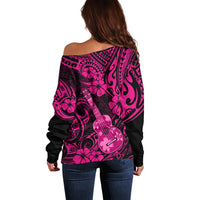 Hawaii Ukulele Off Shoulder Sweater Polynesian Pattern Pink Version - Wonder Print Shop
