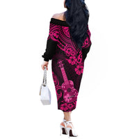 Hawaii Ukulele Off The Shoulder Long Sleeve Dress Polynesian Pattern Pink Version - Wonder Print Shop