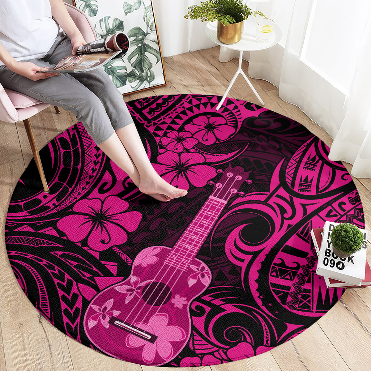 hawaii-ukulele-round-carpet-polynesian-pattern-pink-version