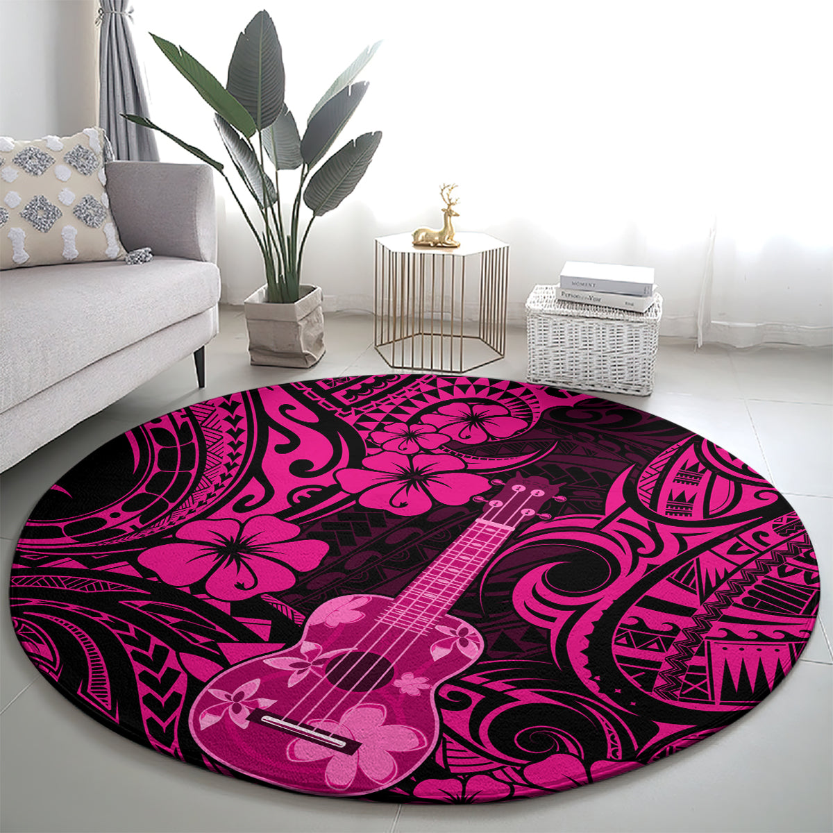 hawaii-ukulele-round-carpet-polynesian-pattern-pink-version