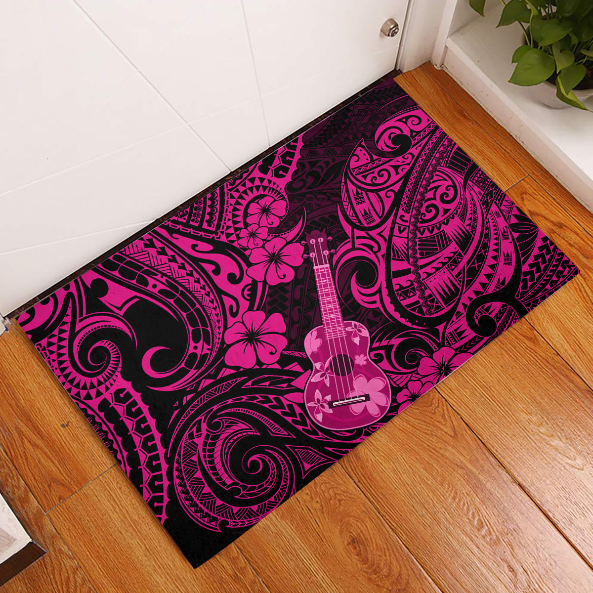 Hawaii Ukulele Rubber Doormat Polynesian Pattern Pink Version - Wonder Print Shop