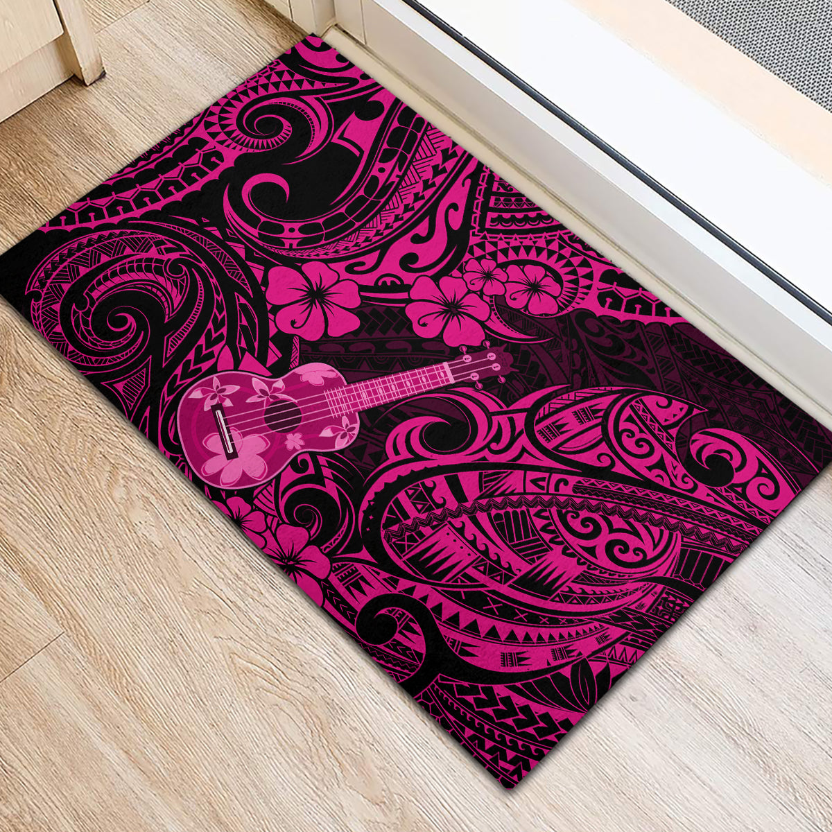 Hawaii Ukulele Rubber Doormat Polynesian Pattern Pink Version - Wonder Print Shop