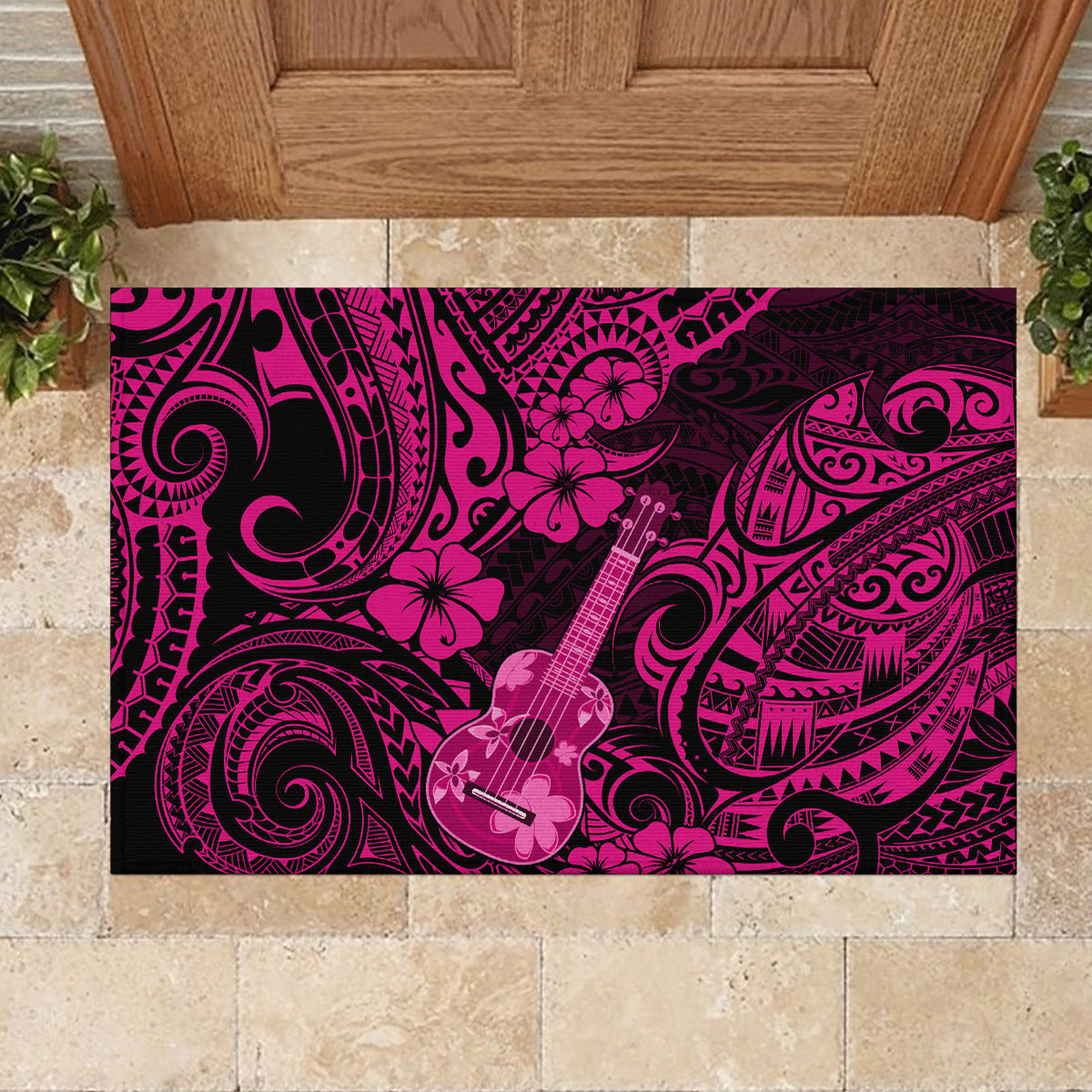 Hawaii Ukulele Rubber Doormat Polynesian Pattern Pink Version - Wonder Print Shop