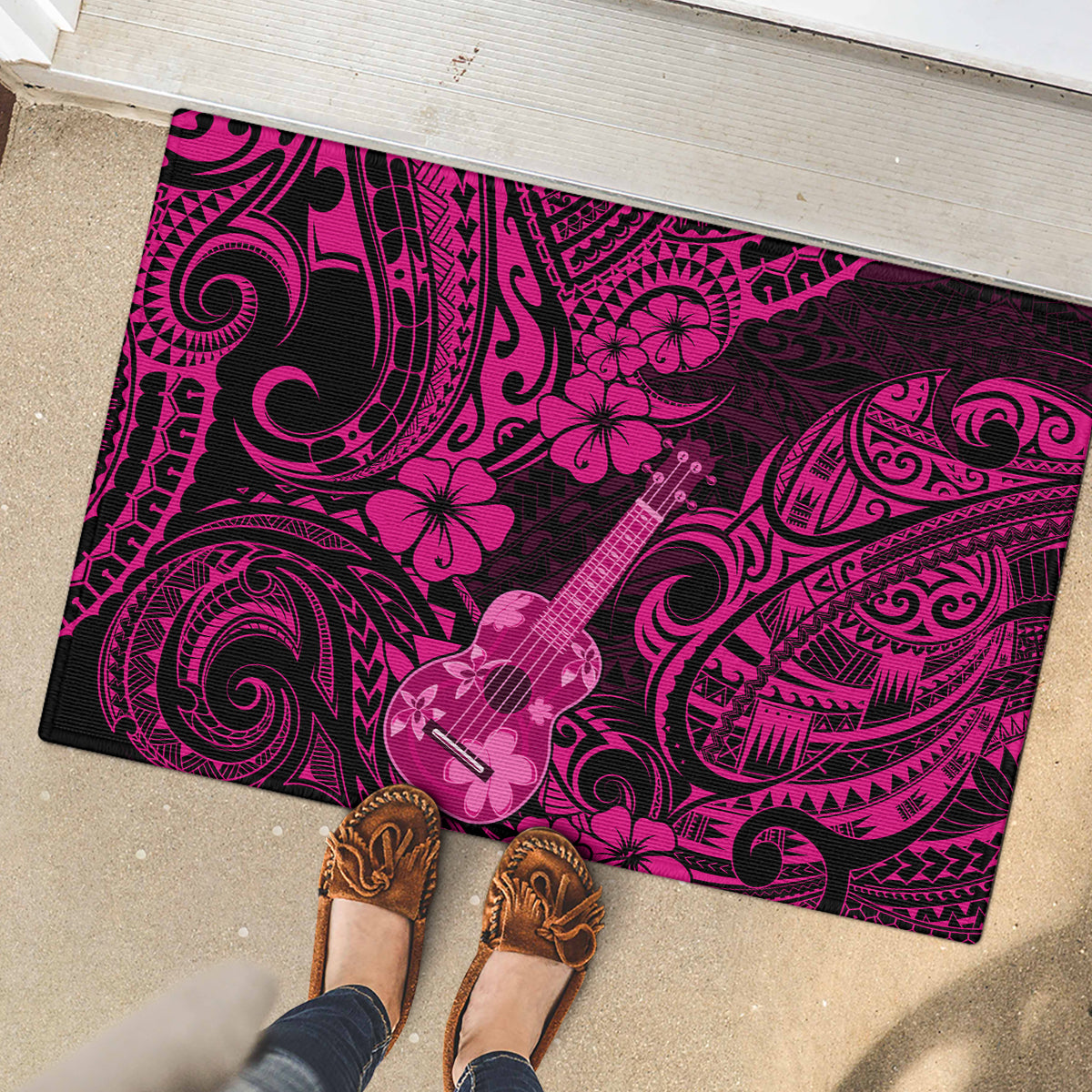 Hawaii Ukulele Rubber Doormat Polynesian Pattern Pink Version - Wonder Print Shop