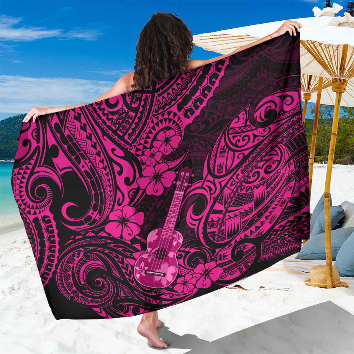 Hawaii Ukulele Sarong Polynesian Pattern Pink Version - Wonder Print Shop