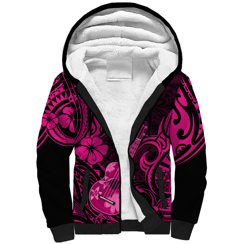 Hawaii Ukulele Sherpa Hoodie Polynesian Pattern Pink Version - Wonder Print Shop
