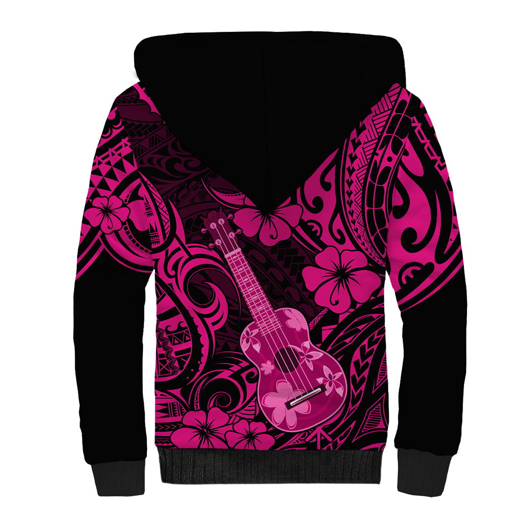 Hawaii Ukulele Sherpa Hoodie Polynesian Pattern Pink Version - Wonder Print Shop