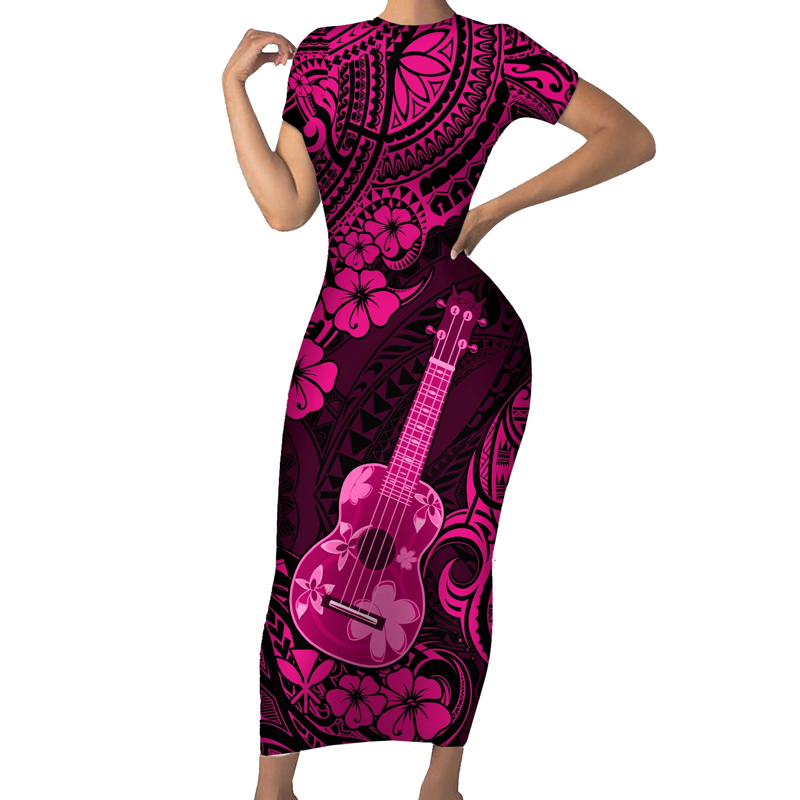 Hawaii Ukulele Short Sleeve Bodycon Dress Polynesian Pattern Pink Version - Wonder Print Shop