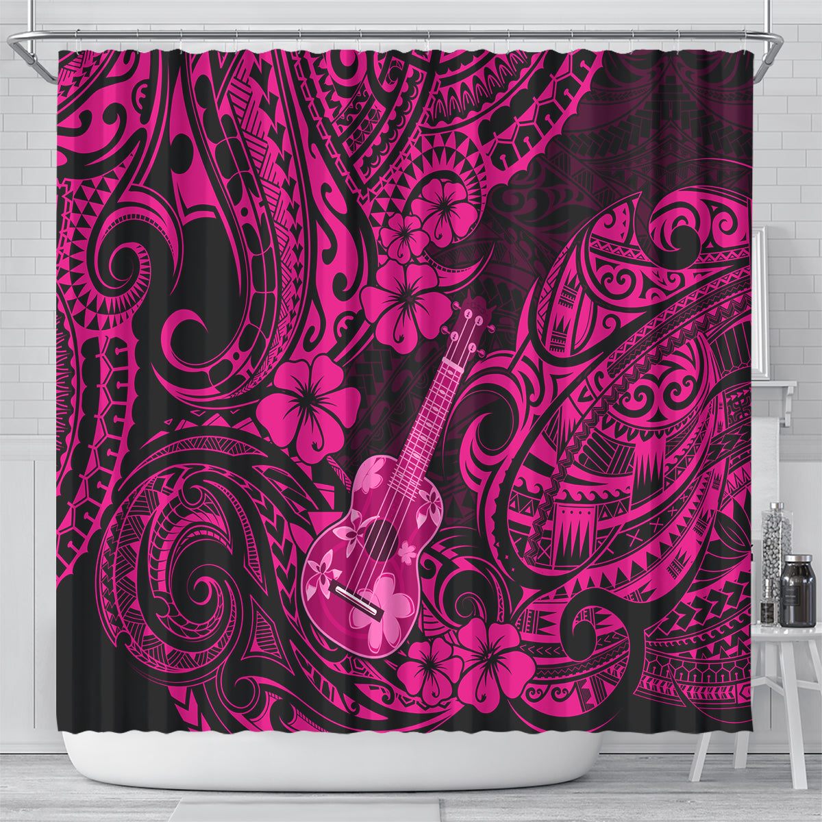 hawaii-ukulele-shower-curtain-polynesian-pattern-pink-version
