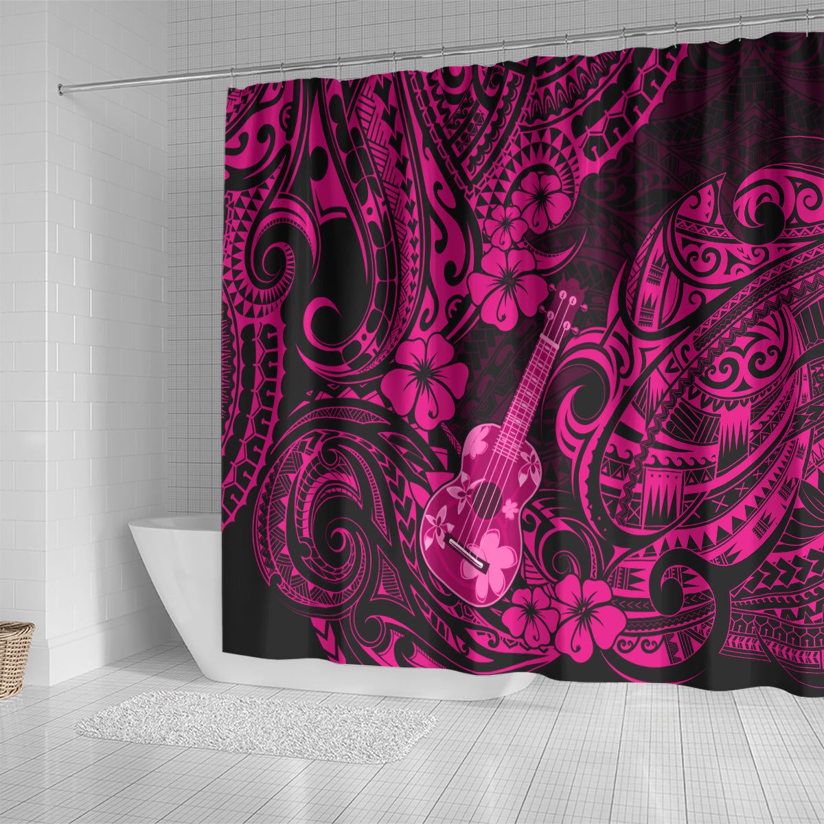 hawaii-ukulele-shower-curtain-polynesian-pattern-pink-version