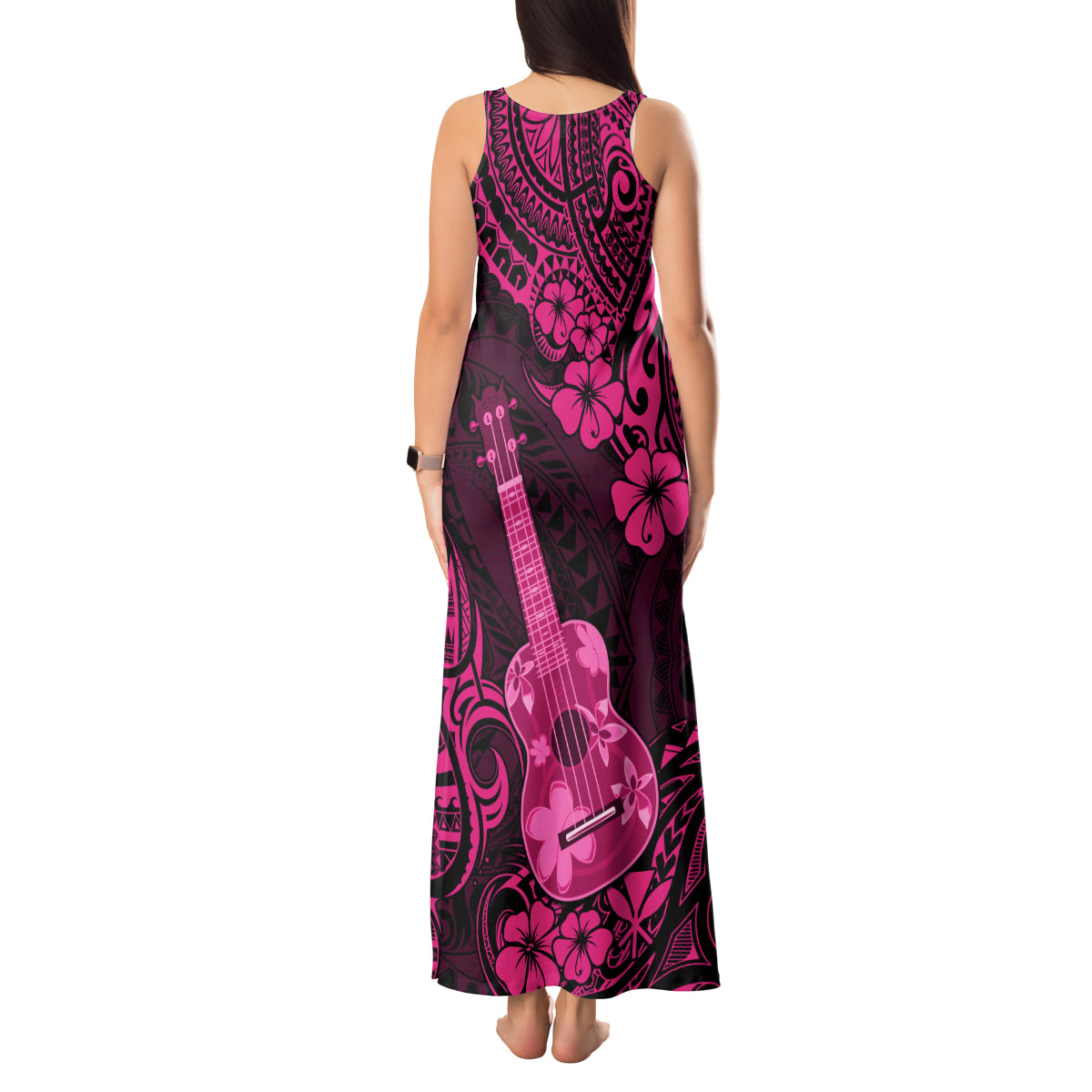 Hawaii Ukulele Tank Maxi Dress Polynesian Pattern Pink Version - Wonder Print Shop