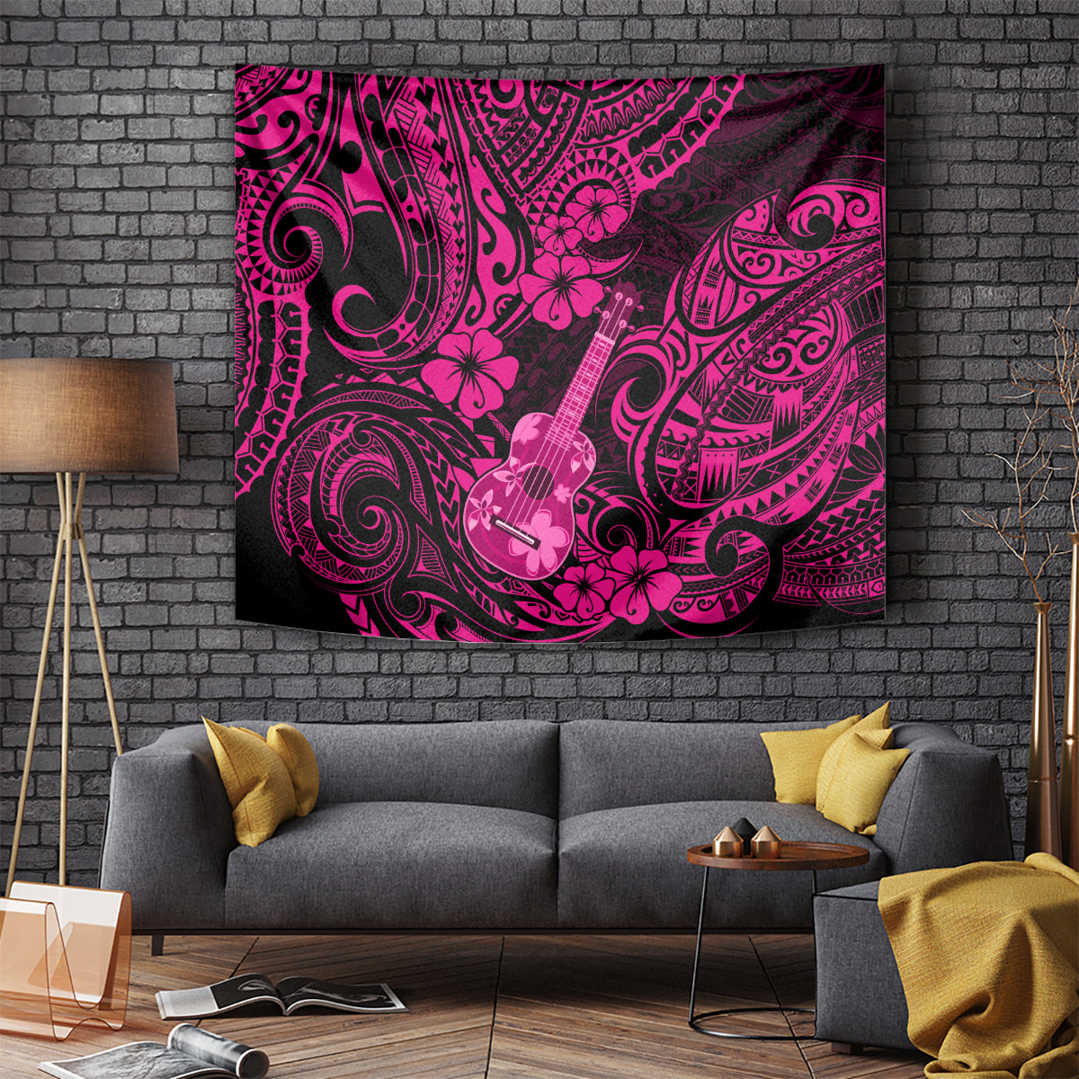Hawaii Ukulele Tapestry Polynesian Pattern Pink Version - Wonder Print Shop