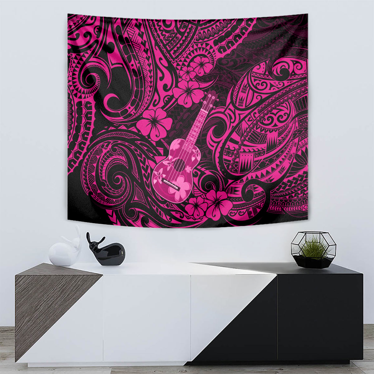 Hawaii Ukulele Tapestry Polynesian Pattern Pink Version - Wonder Print Shop