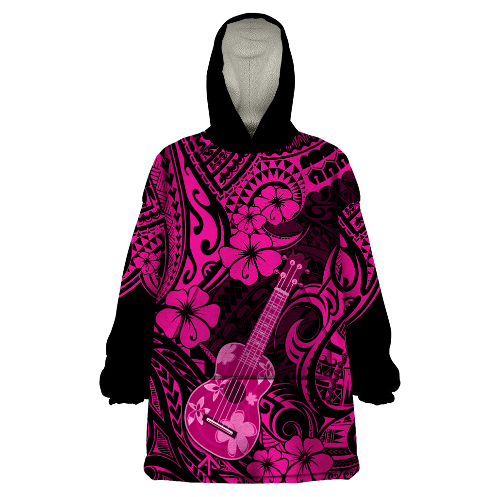 Hawaii Ukulele Wearable Blanket Hoodie Polynesian Pattern Pink Version - Wonder Print Shop