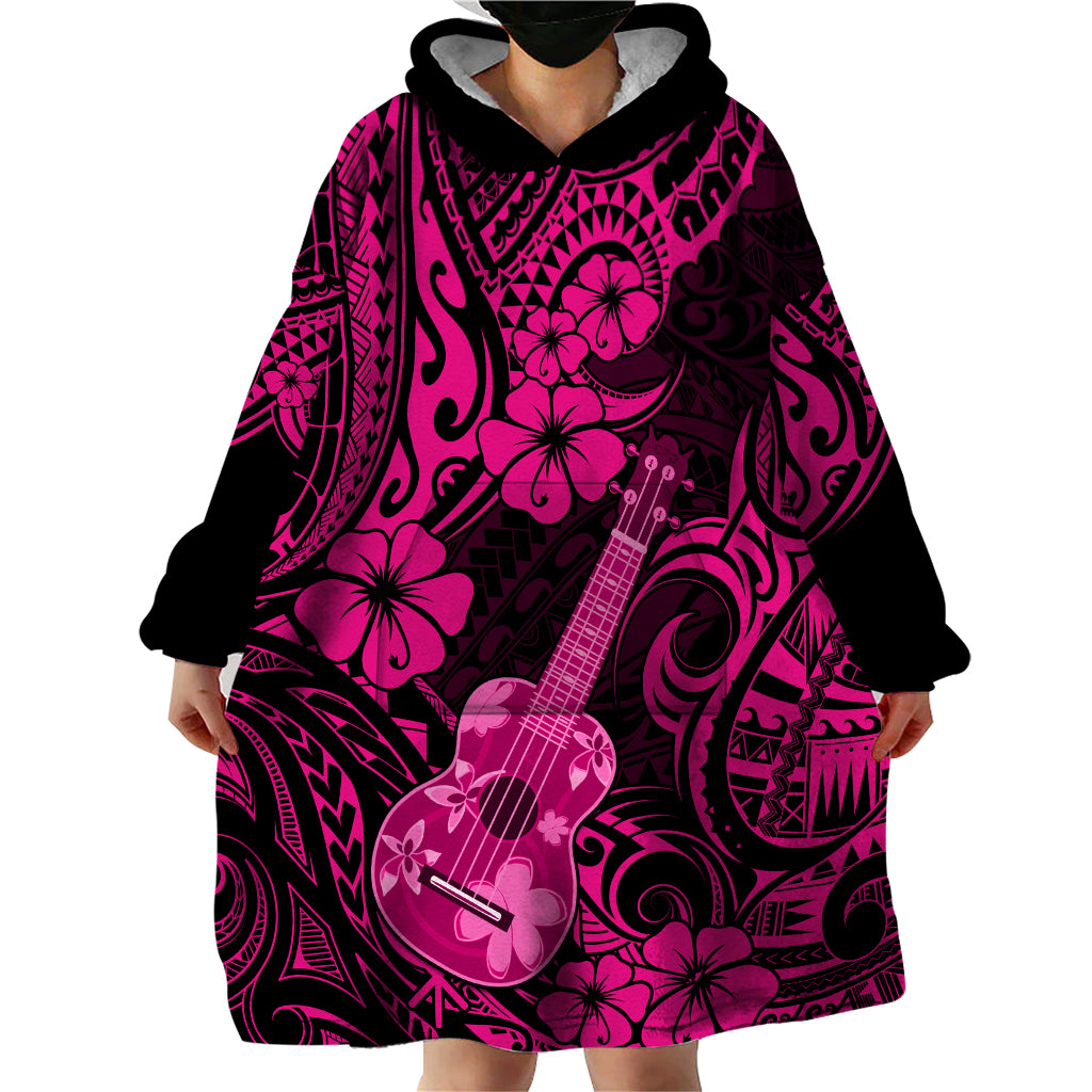 Hawaii Ukulele Wearable Blanket Hoodie Polynesian Pattern Pink Version - Wonder Print Shop