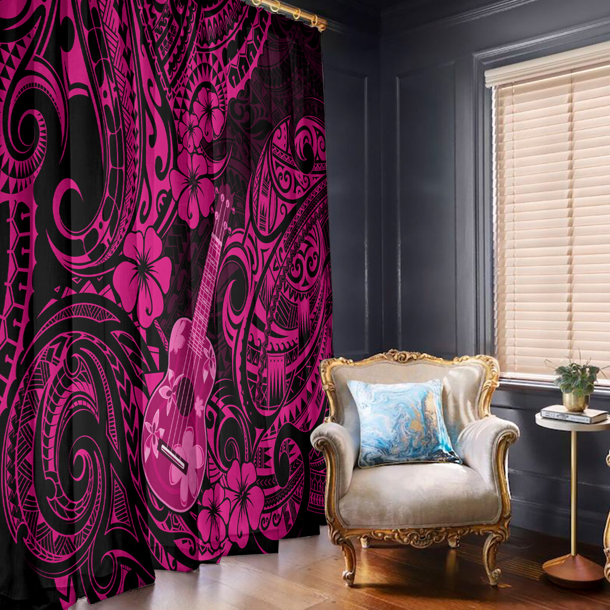 Hawaii Ukulele Window Curtain Polynesian Pattern Pink Version - Wonder Print Shop