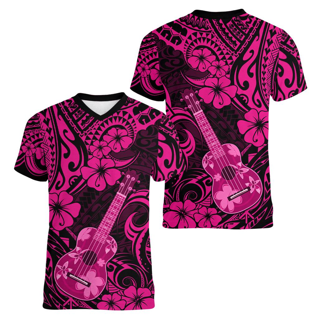 Hawaii Ukulele Women V Neck T Shirt Polynesian Pattern Pink Version - Wonder Print Shop
