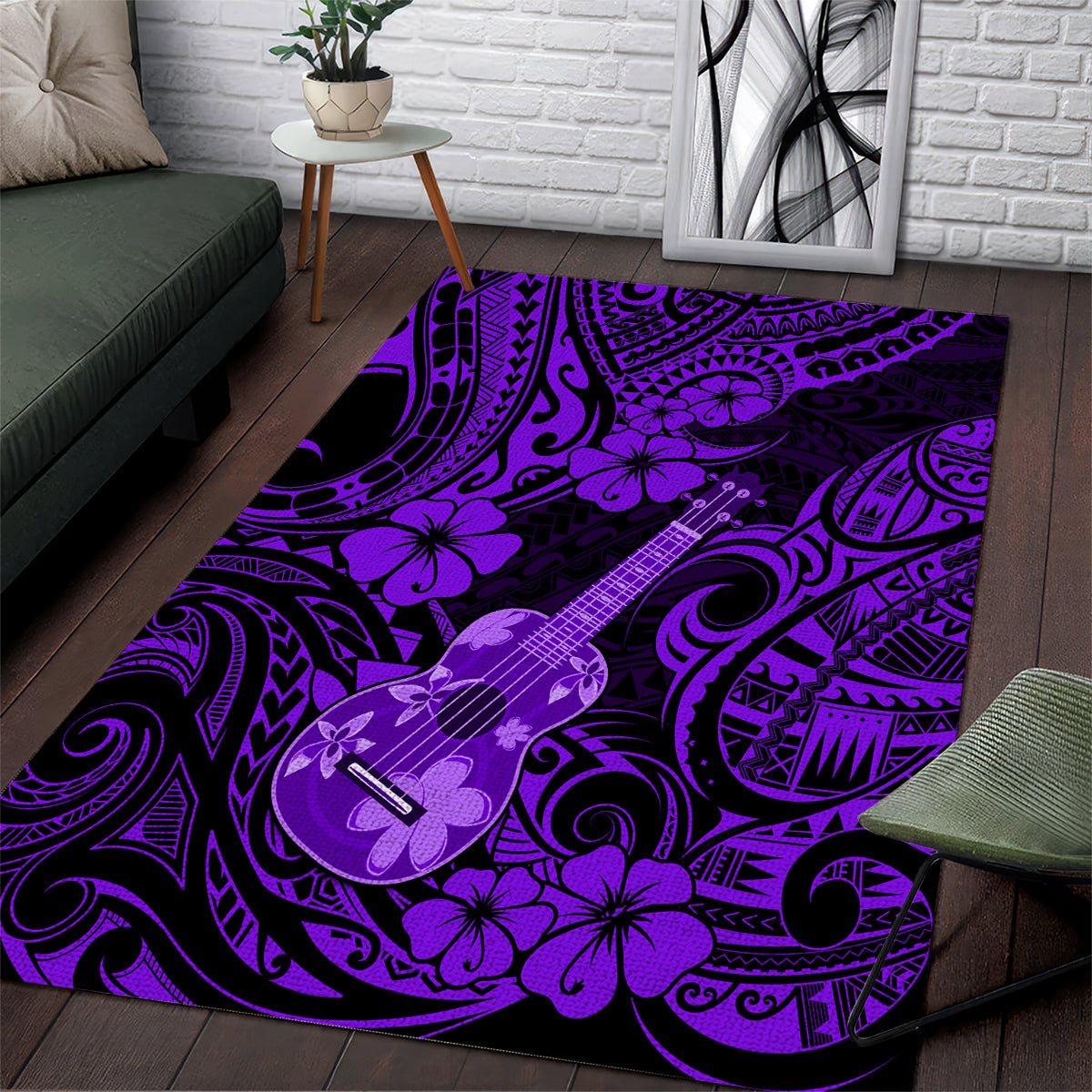 Hawaii Ukulele Area Rug Polynesian Pattern Purple Version - Wonder Print Shop