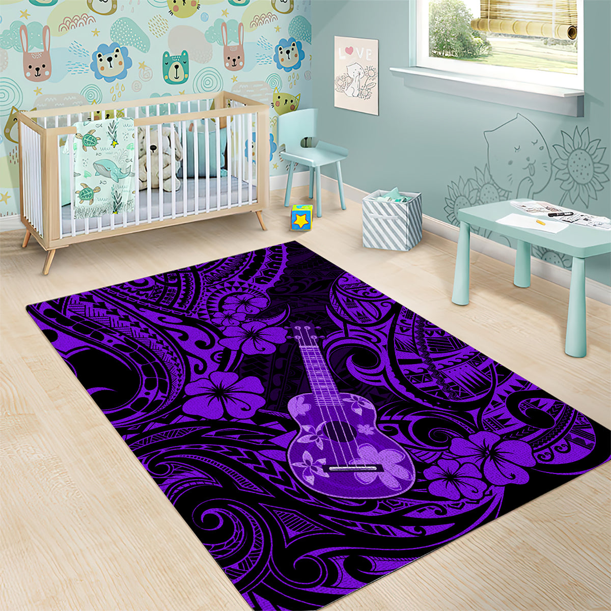 Hawaii Ukulele Area Rug Polynesian Pattern Purple Version - Wonder Print Shop