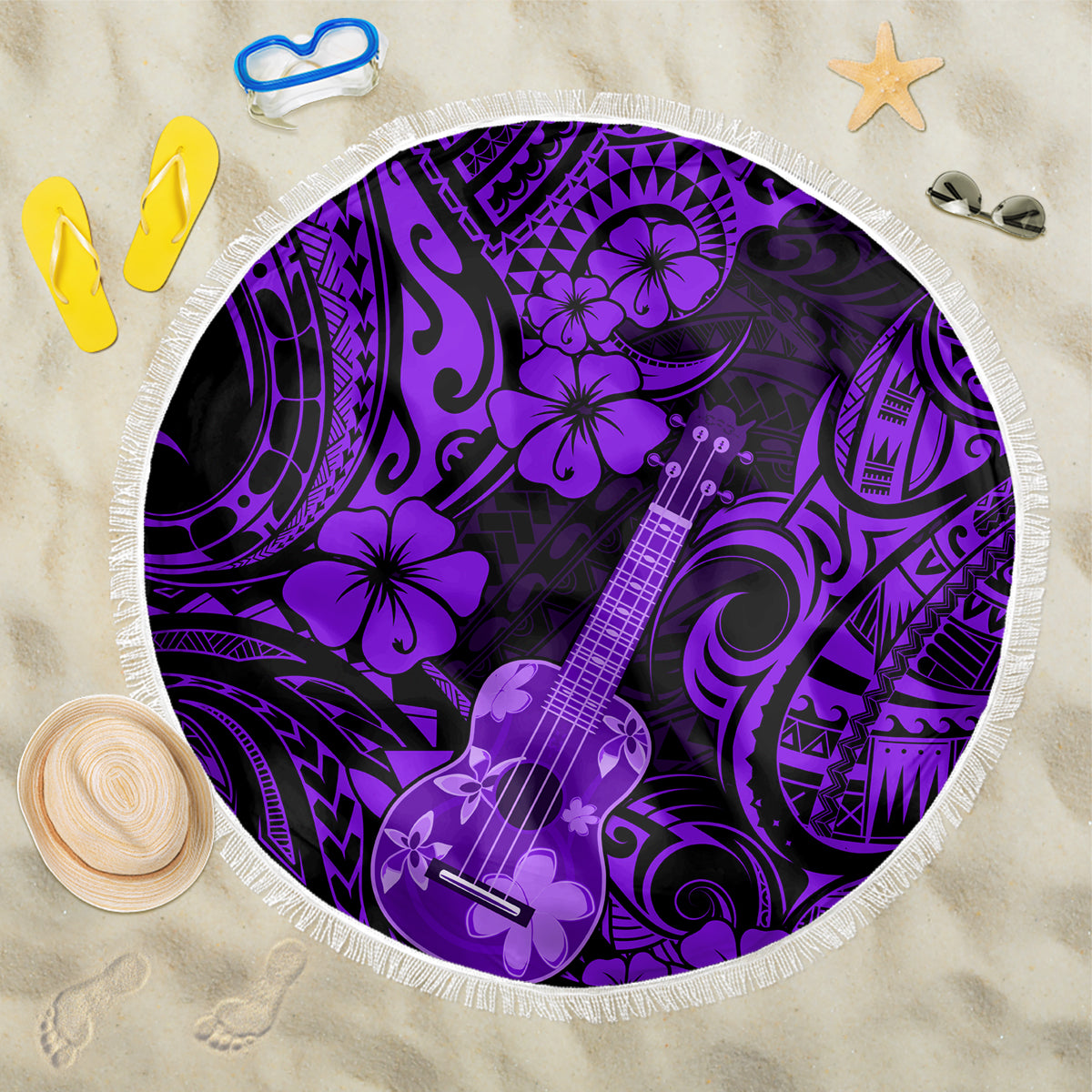 Hawaii Ukulele Beach Blanket Polynesian Pattern Purple Version - Wonder Print Shop