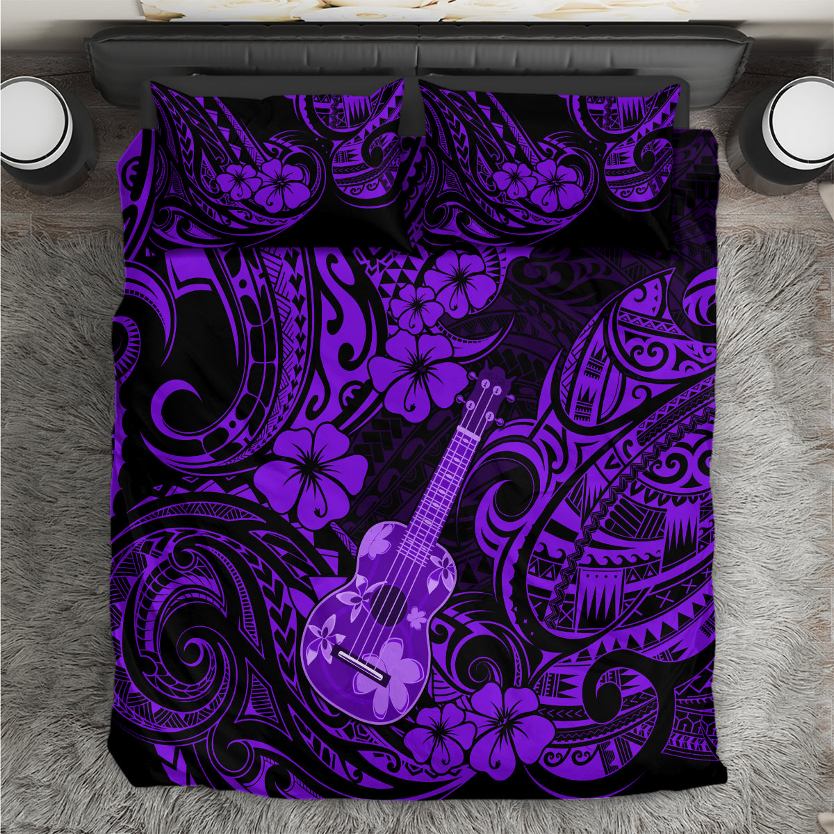 Hawaii Ukulele Bedding Set Polynesian Pattern Purple Version - Wonder Print Shop