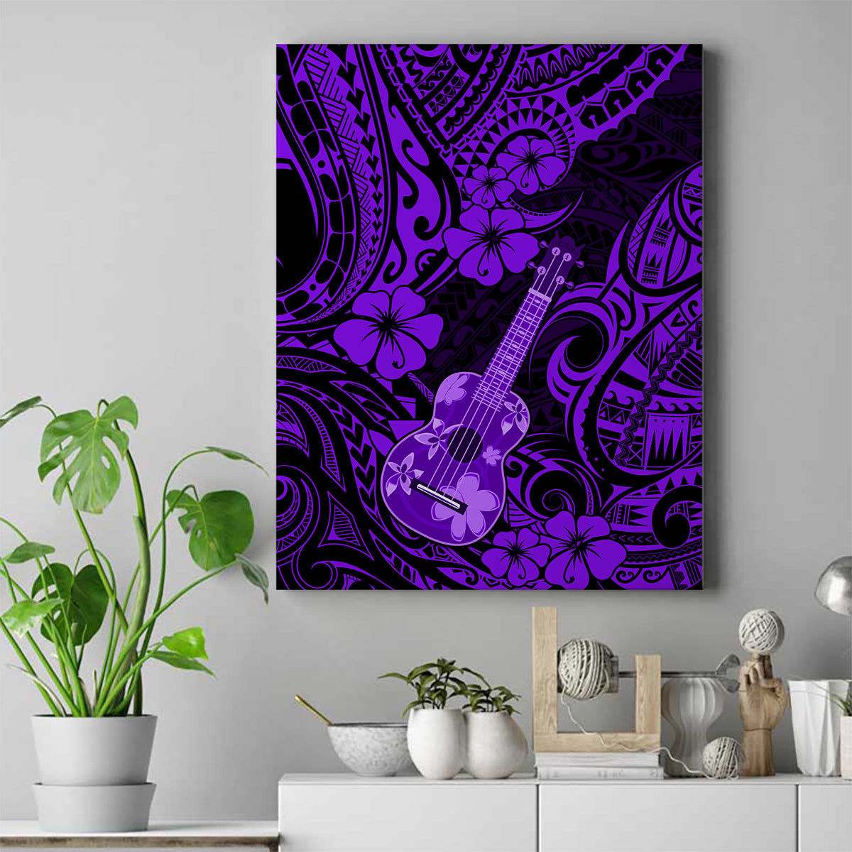Hawaii Ukulele Canvas Wall Art Polynesian Pattern Purple Version - Wonder Print Shop