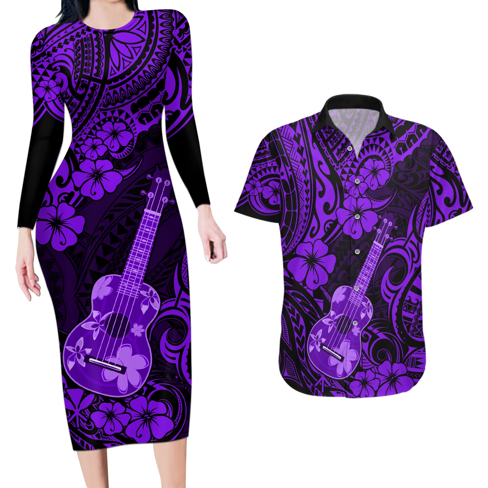 Hawaii Ukulele Couples Matching Long Sleeve Bodycon Dress and Hawaiian Shirt Polynesian Pattern Purple Version - Wonder Print Shop