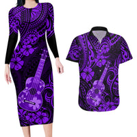Hawaii Ukulele Couples Matching Long Sleeve Bodycon Dress and Hawaiian Shirt Polynesian Pattern Purple Version - Wonder Print Shop