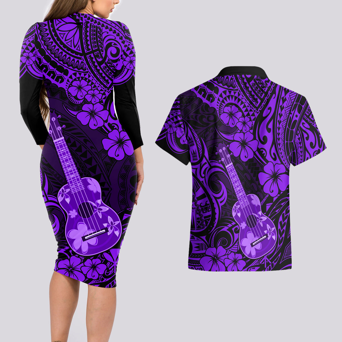 Hawaii Ukulele Couples Matching Long Sleeve Bodycon Dress and Hawaiian Shirt Polynesian Pattern Purple Version - Wonder Print Shop