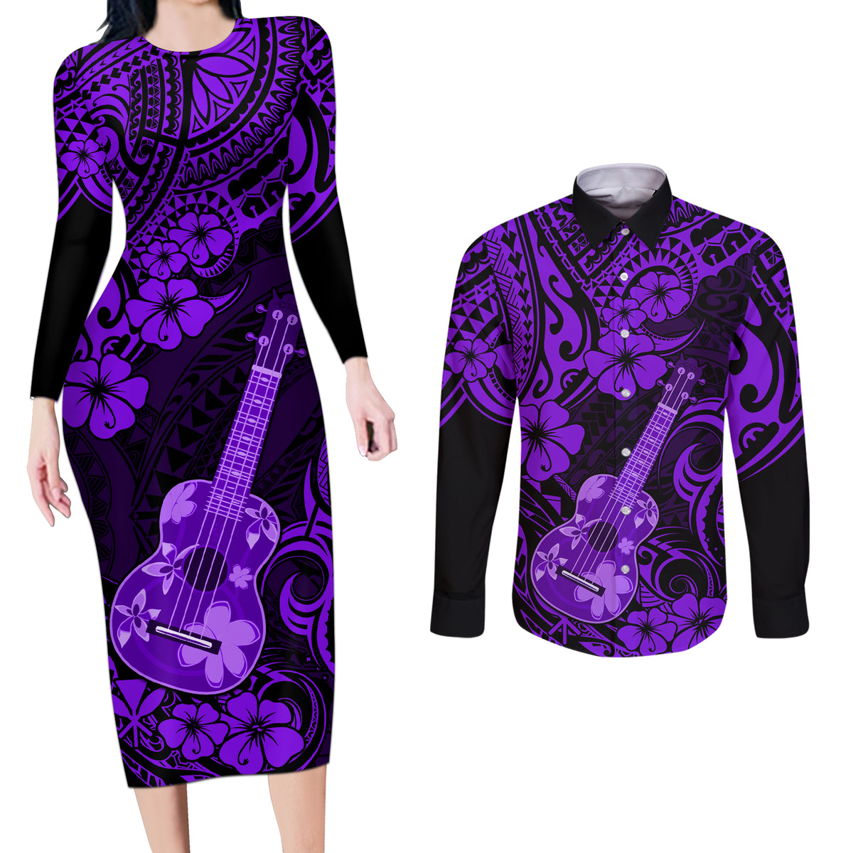 Hawaii Ukulele Couples Matching Long Sleeve Bodycon Dress and Long Sleeve Button Shirts Polynesian Pattern Purple Version - Wonder Print Shop