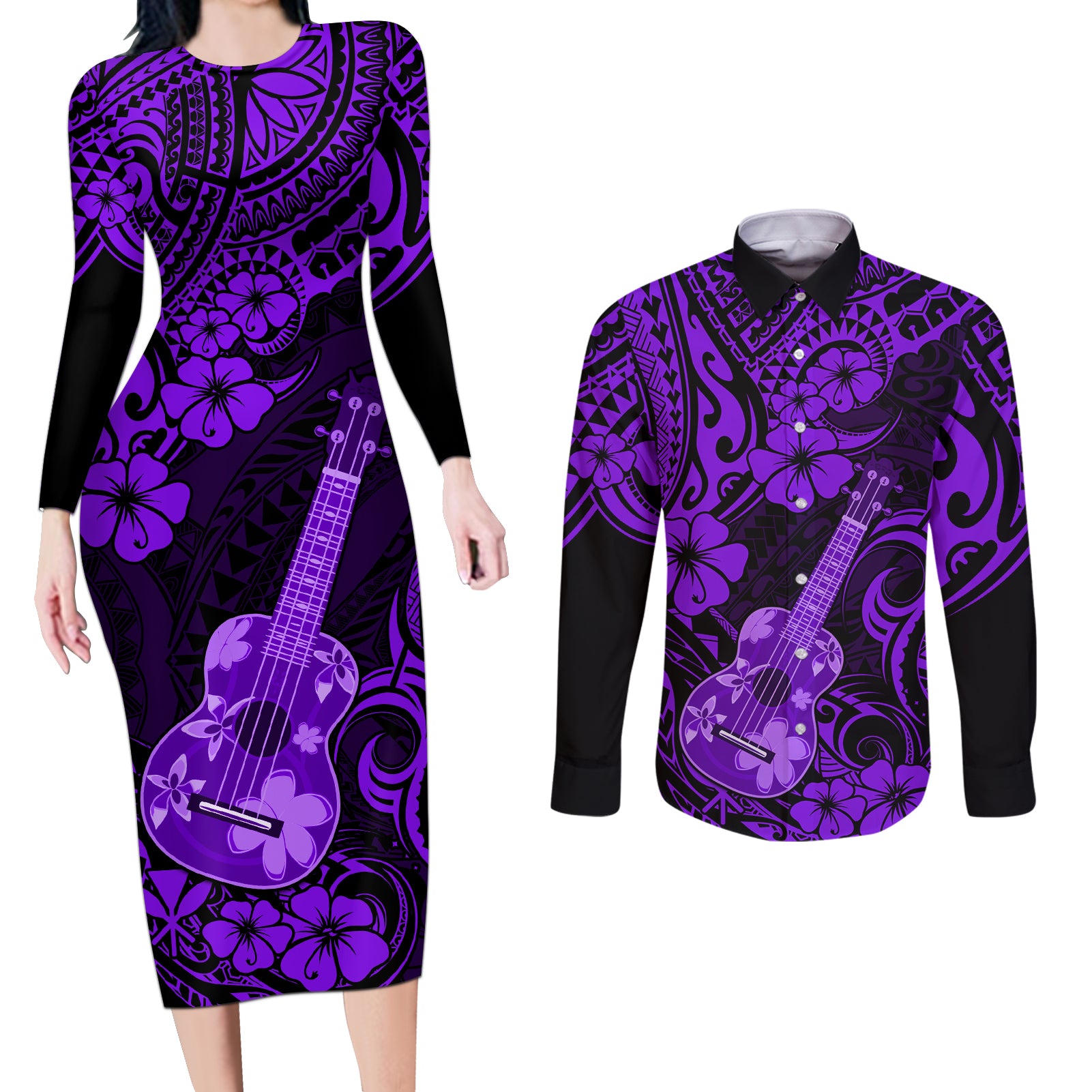 Hawaii Ukulele Couples Matching Long Sleeve Bodycon Dress and Long Sleeve Button Shirts Polynesian Pattern Purple Version - Wonder Print Shop