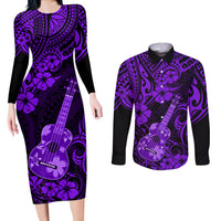 Hawaii Ukulele Couples Matching Long Sleeve Bodycon Dress and Long Sleeve Button Shirts Polynesian Pattern Purple Version - Wonder Print Shop