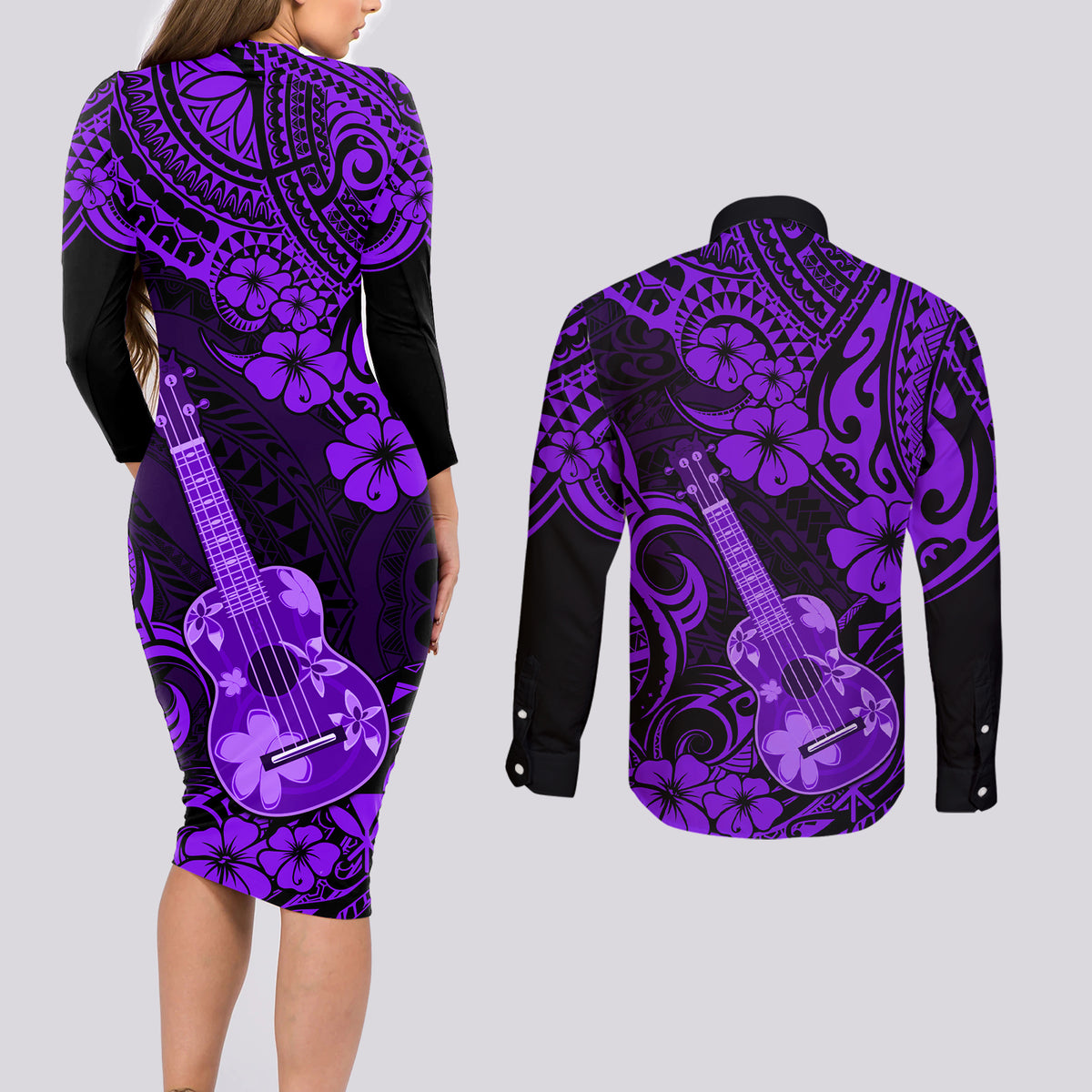 Hawaii Ukulele Couples Matching Long Sleeve Bodycon Dress and Long Sleeve Button Shirts Polynesian Pattern Purple Version - Wonder Print Shop