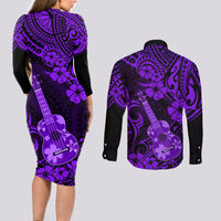 Hawaii Ukulele Couples Matching Long Sleeve Bodycon Dress and Long Sleeve Button Shirts Polynesian Pattern Purple Version - Wonder Print Shop