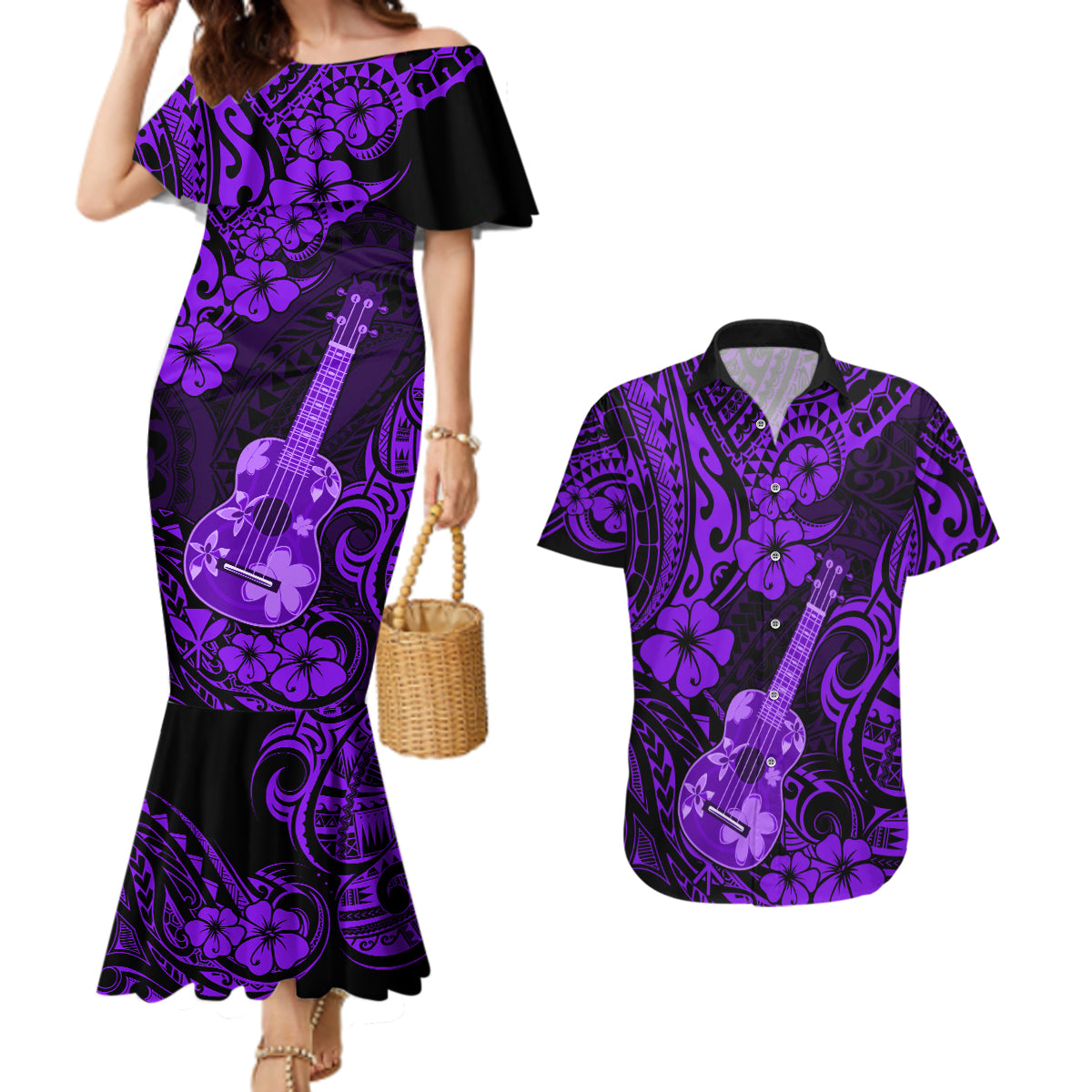 Hawaii Ukulele Couples Matching Mermaid Dress and Hawaiian Shirt Polynesian Pattern Purple Version - Wonder Print Shop