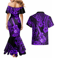 Hawaii Ukulele Couples Matching Mermaid Dress and Hawaiian Shirt Polynesian Pattern Purple Version - Wonder Print Shop