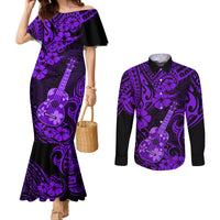 hawaii-ukulele-couples-matching-mermaid-dress-and-long-sleeve-button-shirts-polynesian-pattern-purple-version