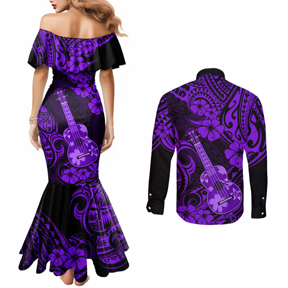 hawaii-ukulele-couples-matching-mermaid-dress-and-long-sleeve-button-shirts-polynesian-pattern-purple-version
